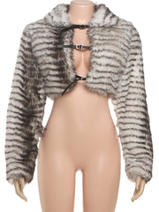 Fashion Faux Fur Print Button Cropped Coat