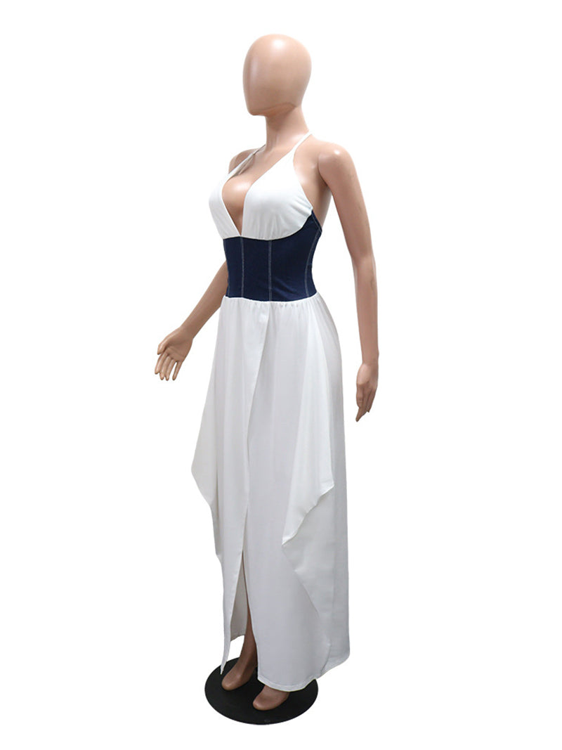 Sexy Deep V Denim Patchwork Cinched Waist Maxi Dress