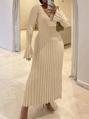 Casual V-neck Ribbed Knit Slim Maxi Dress