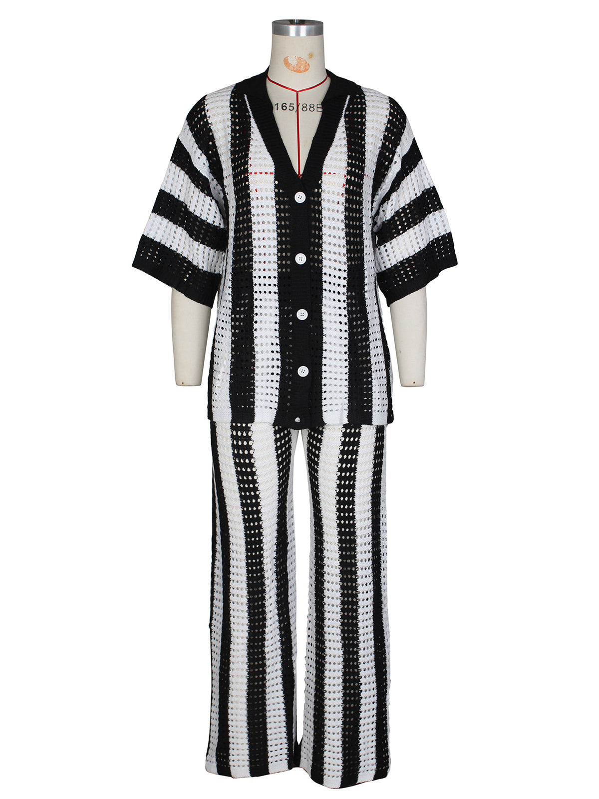 V Neck Hollow out Stripe Knit Trousers Casual Set