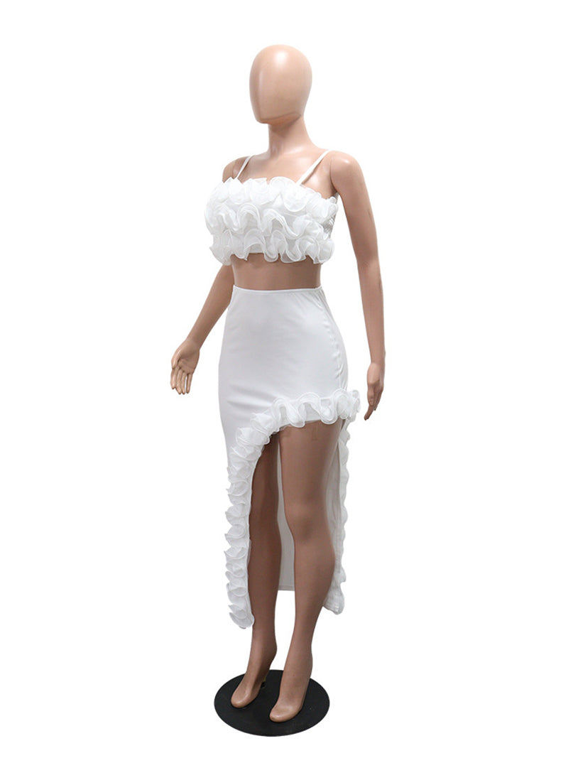 Elegant Ruffle Crop Vest and Irregular Slim Skirt Dress