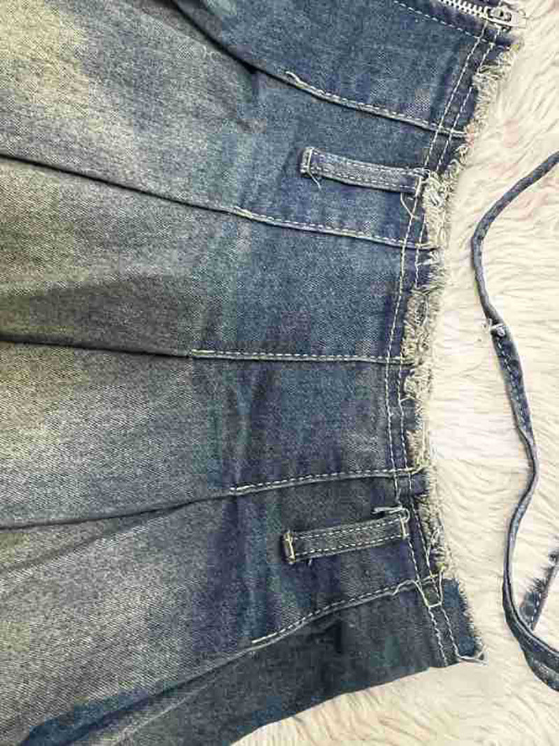 Casual High Waist Washed Denim Pleated Skirt