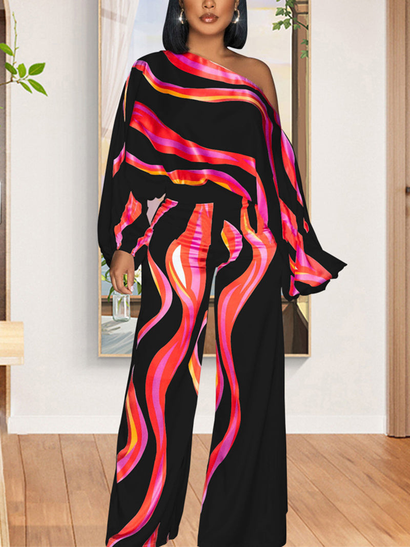 Off Shoulder Batwing Long Sleeve Wide Leg Jumpsuit