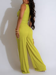 Casual Sleeveless Crop Top And Trousers Two Piece Set