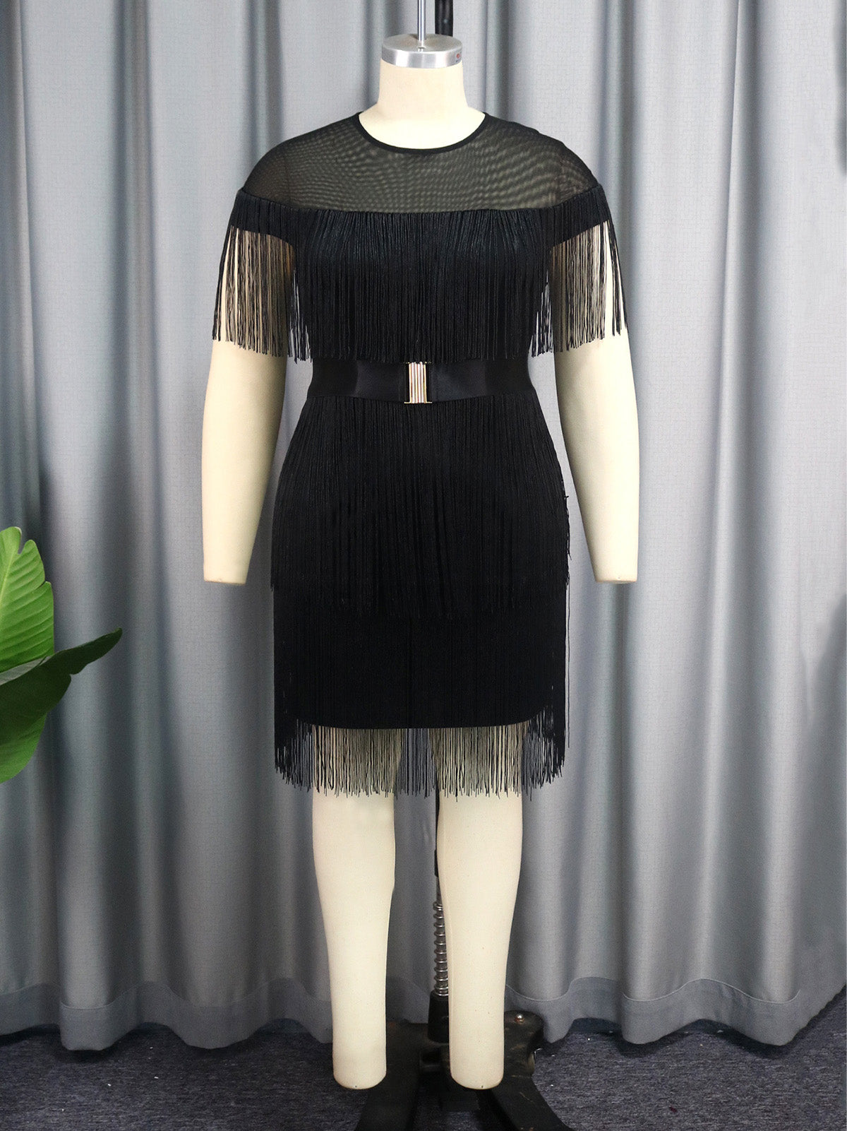 Elegant Round Neck Fringe Belt High Waist Dress