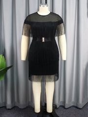 Elegant Round Neck Fringe Belt High Waist Dress