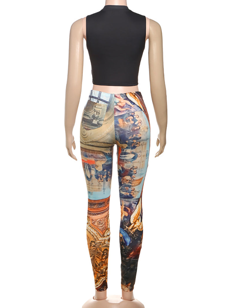 Sexy Print Crop Top Tight Pant Club Two Piece Set
