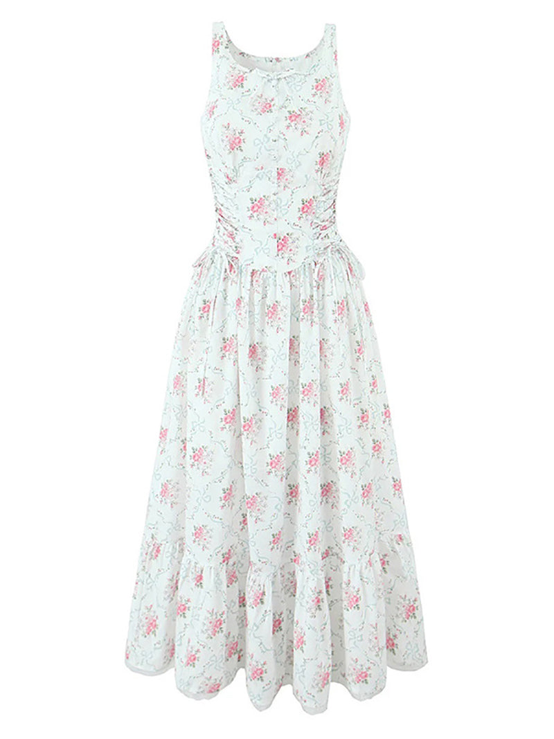Fashion Floral Print Drawstring Ruffle Midi Dress