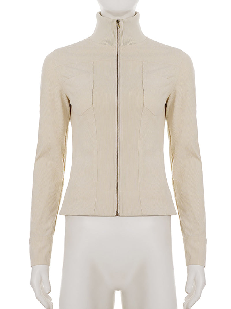 Retro High Collar Zip Up Corduroy Coat