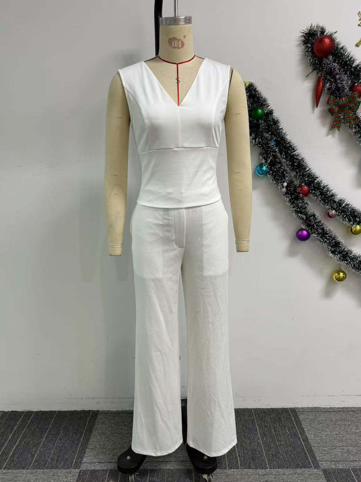 Casual V-neck Backless Bow Decor Top Straight Pants Set