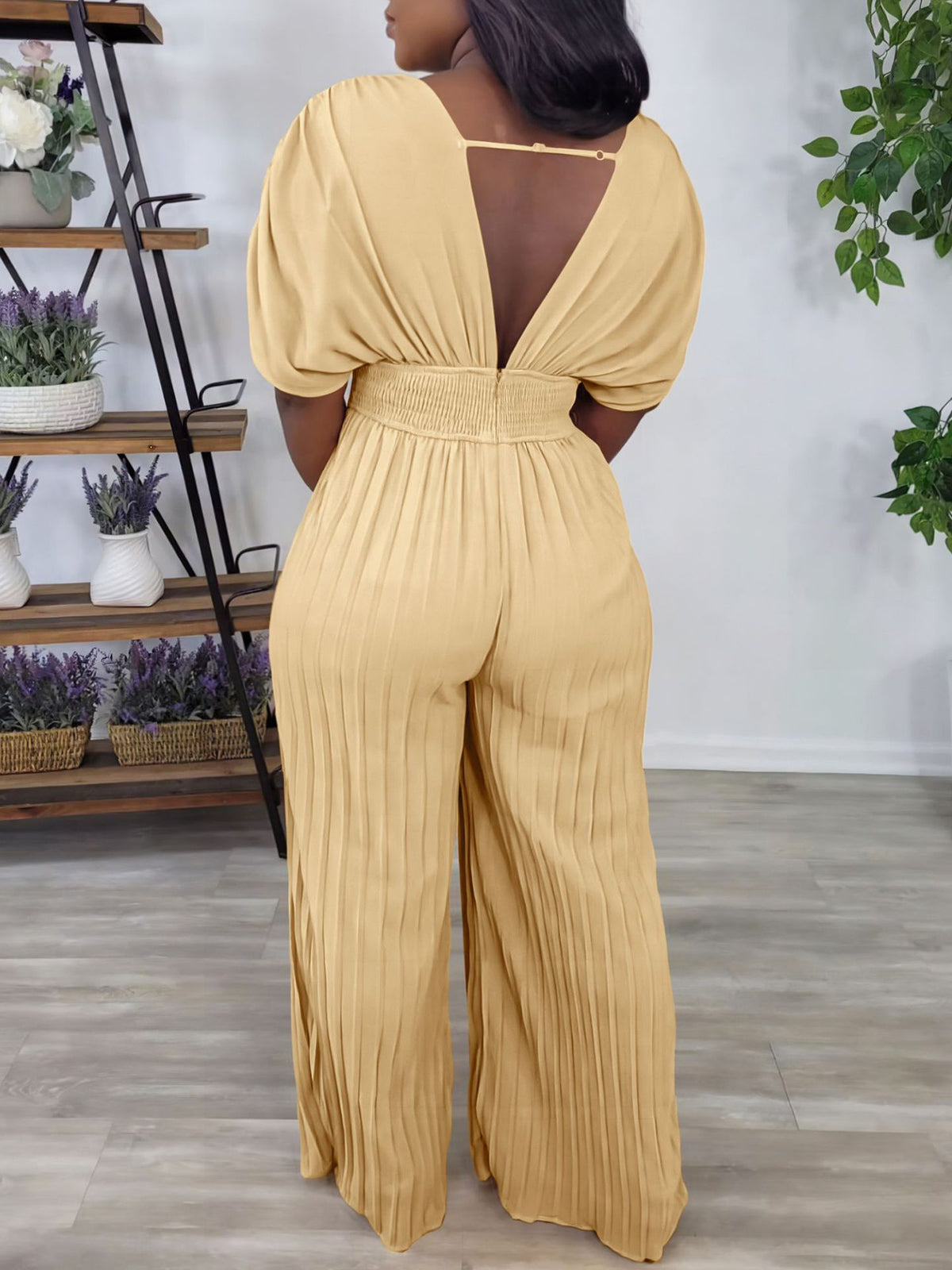 Solid Color V-Neck Pleated Wide Leg Jumpsuit