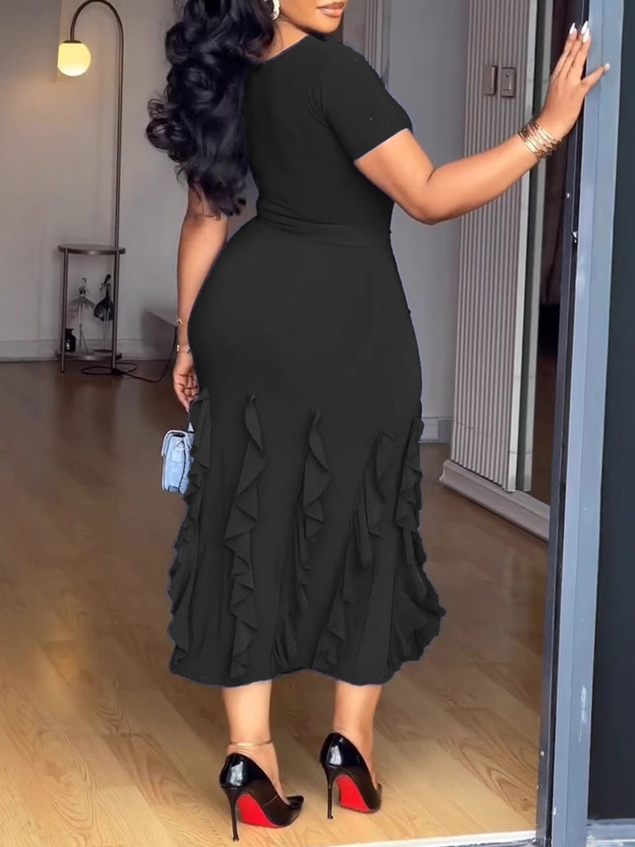 Casual Hem Layered Ruffle Bodycon Midi Dress