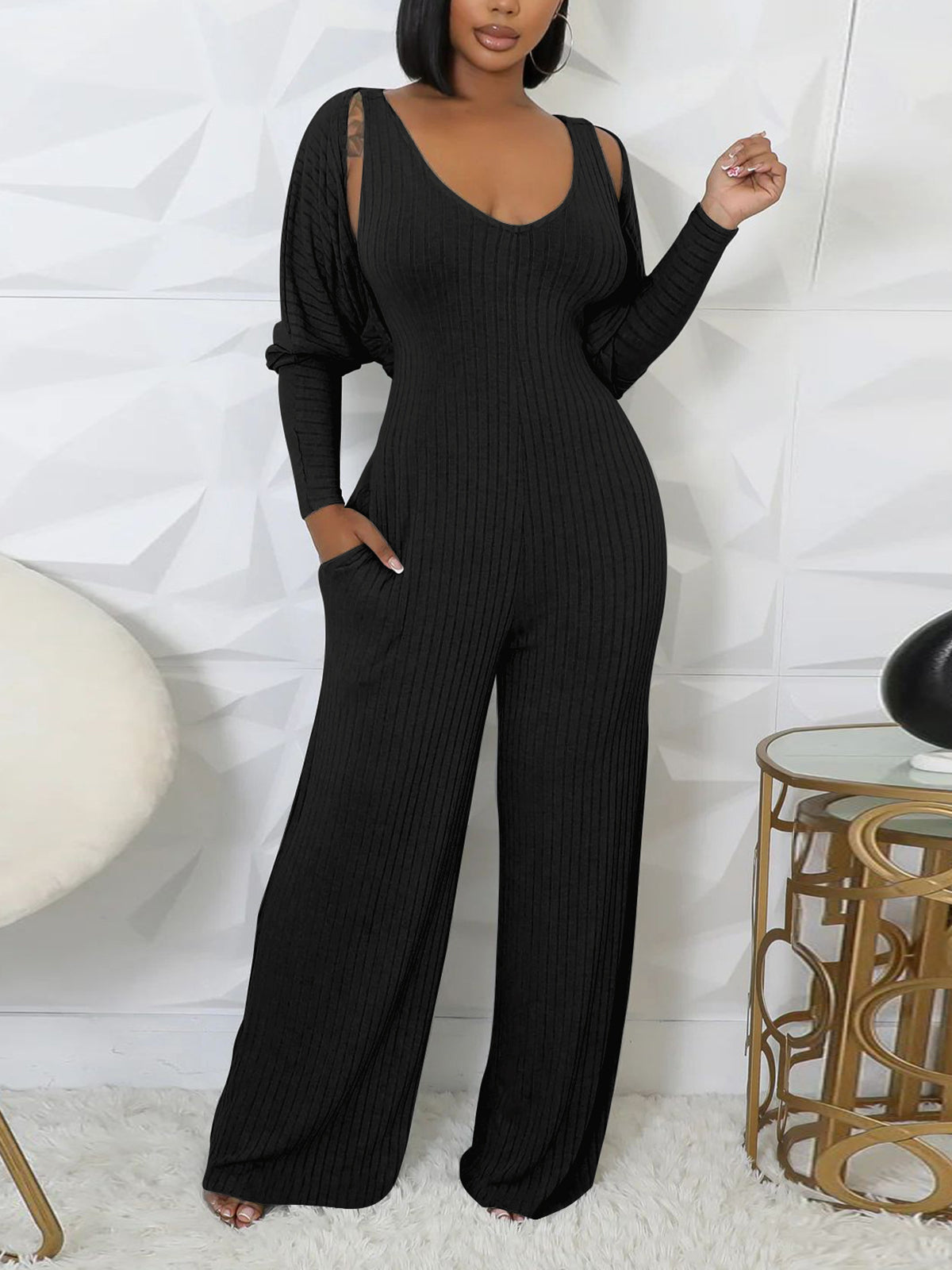 Casual Ribbed Jumpsuit Long Sleeve Cardigan Set