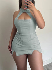 Sexy Halter Sleeveless Bodycon Denim MIni Dress