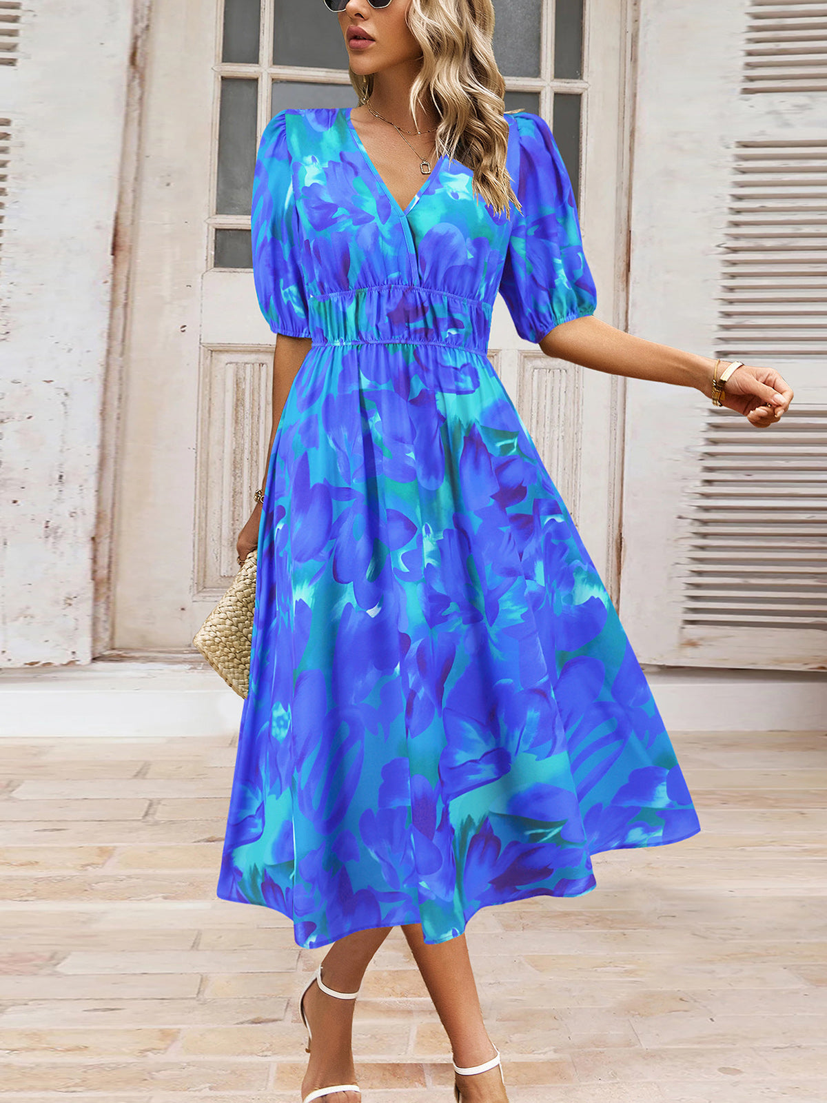 Casual V-neck Bohemia Print A-Line Dress