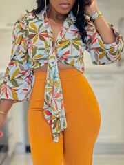 Casual Print Turn-down Collar Bandage Shirt