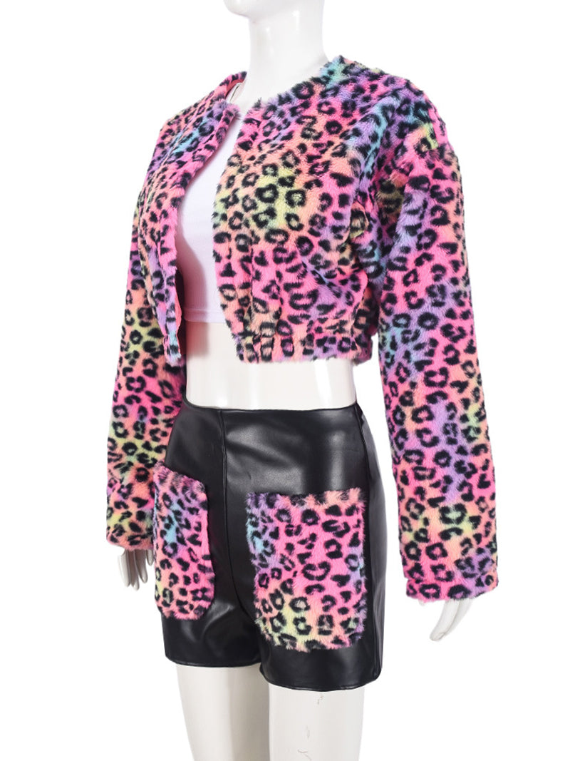 Leopard Fur Jacket And Leather Patchwork Shorts Sets