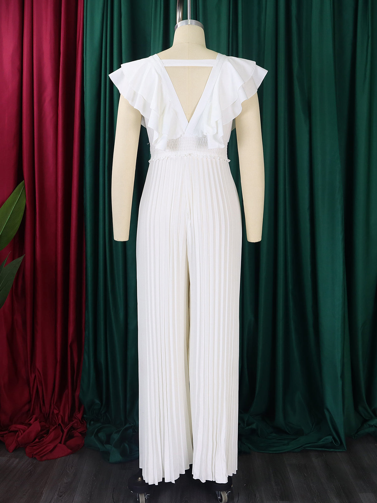 Elegant V Neck Ruffle Pleated Wide Leg Jumpsuit