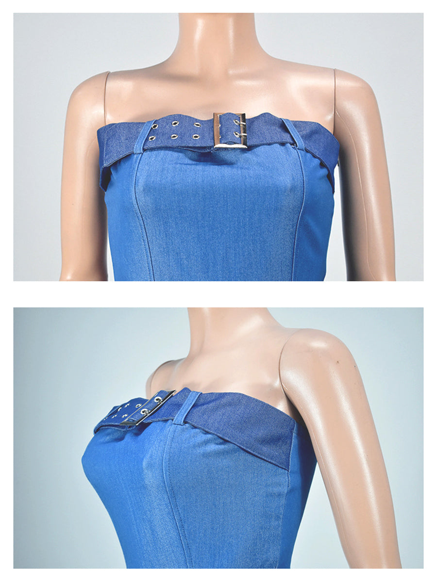 Colorblock Denim Patchwork Bandage Jumpsuit