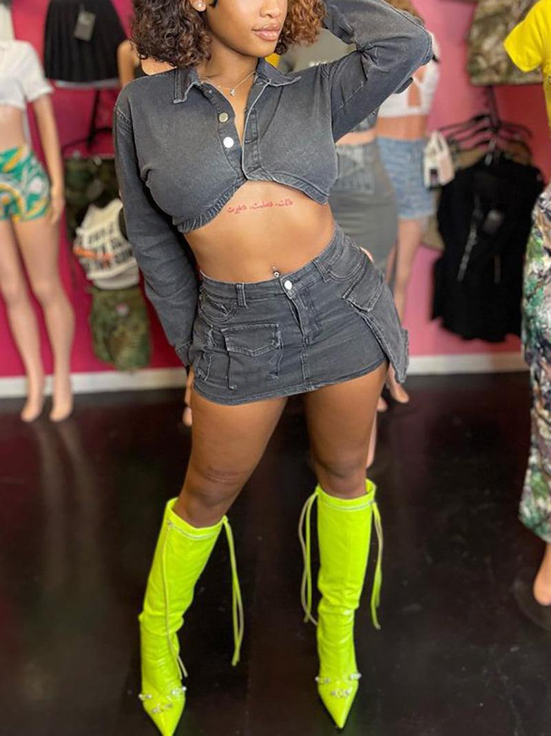 Sexy Cropped Denim Jacket And Skirt Casual Set