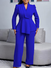Chic Ruffled Top and Wide-Leg Pants Fashion Suit