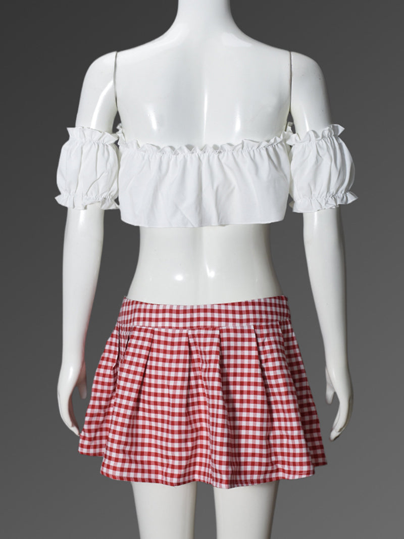 Cute Sexy Bow Strapless Top Plaid Pleated Skirt Sets