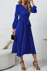 Casual Long Sleeve V-neck Slim Pleated Dress