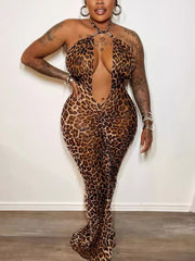 Halter Neck Elastic Leopard Print Long Dress