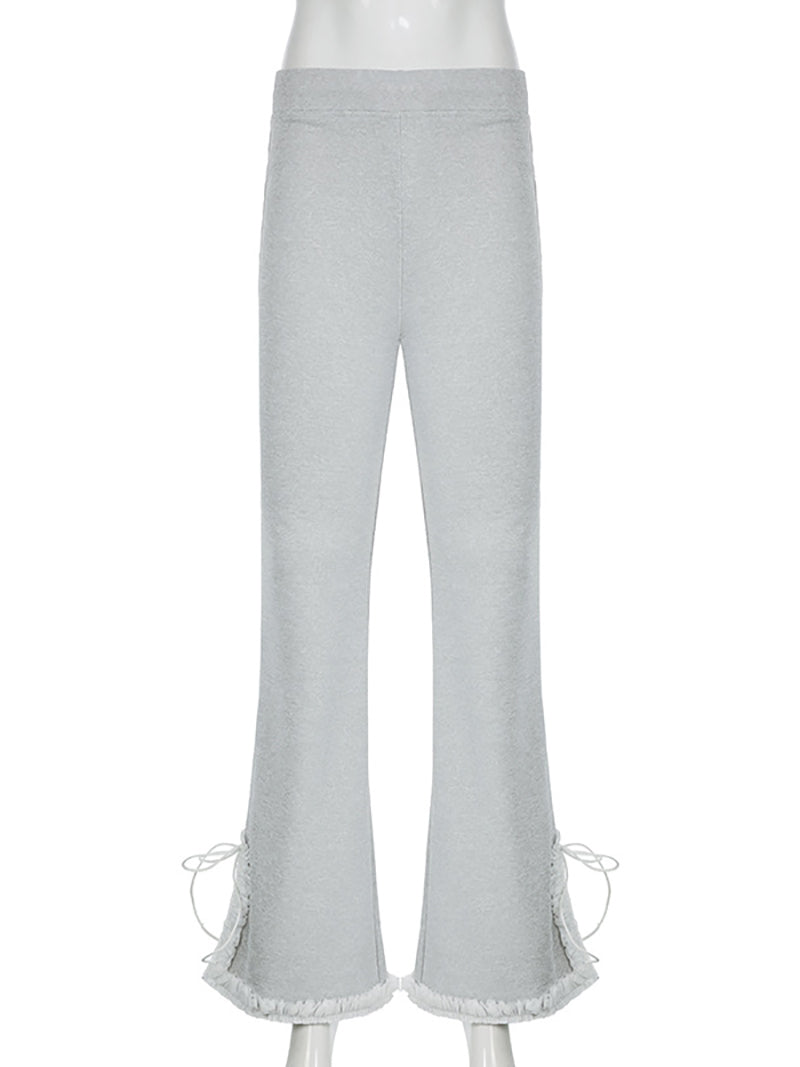 Mid Rise Plain Loose Casual Flared Pants