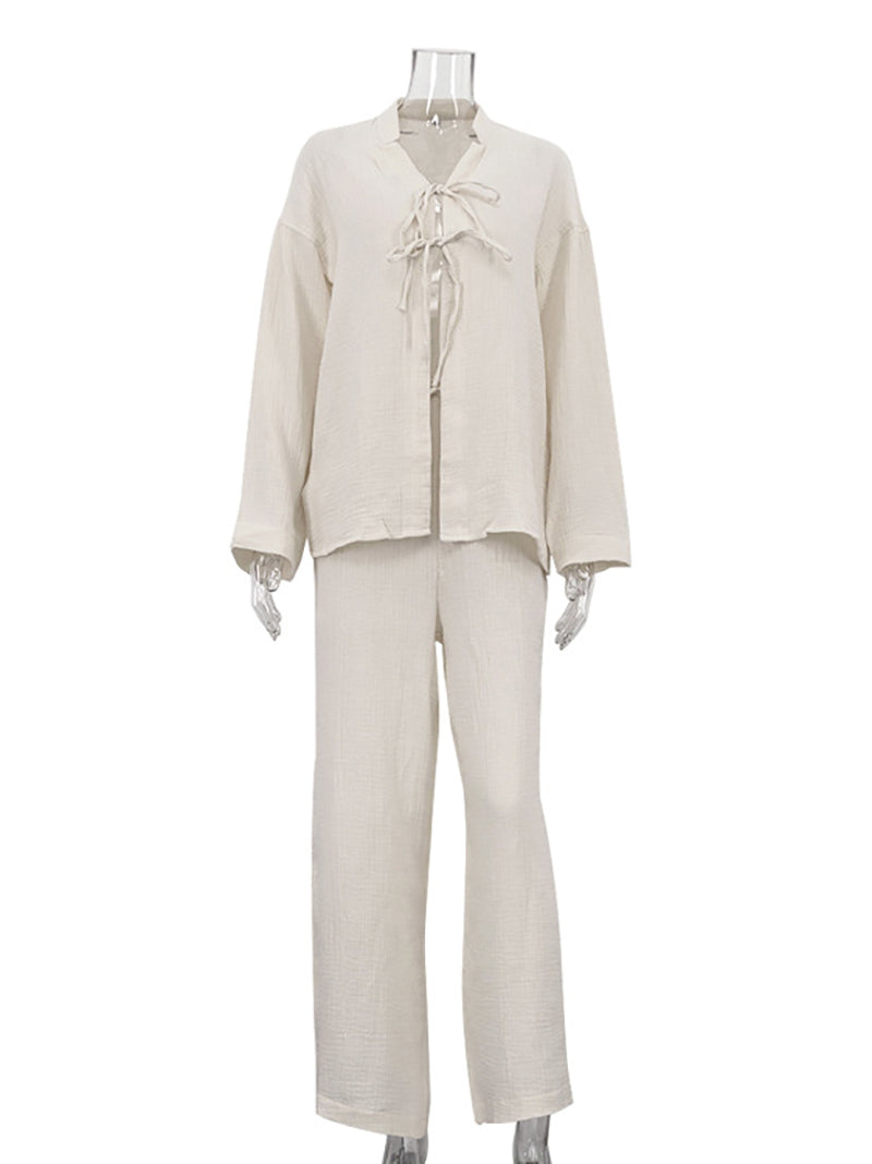 Casual Cardigan Lace-up Shirt Loose Pants Sets