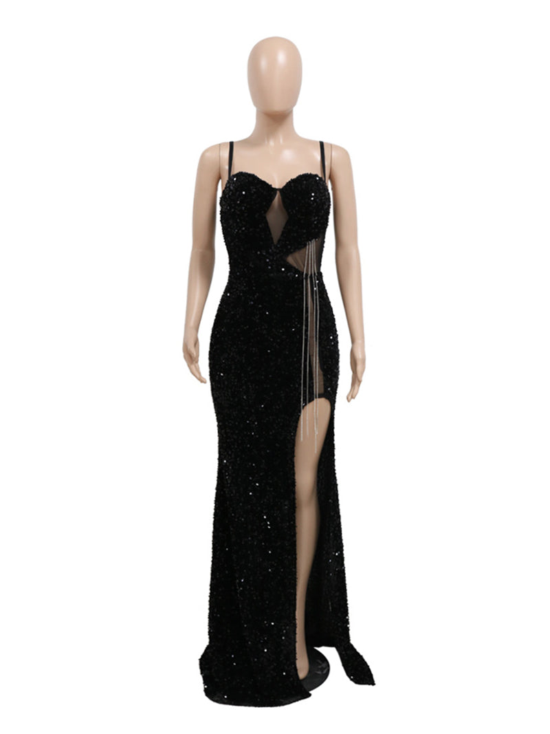 Sexy Patchwork Sequins Slit Spaghetti Strap Dress
