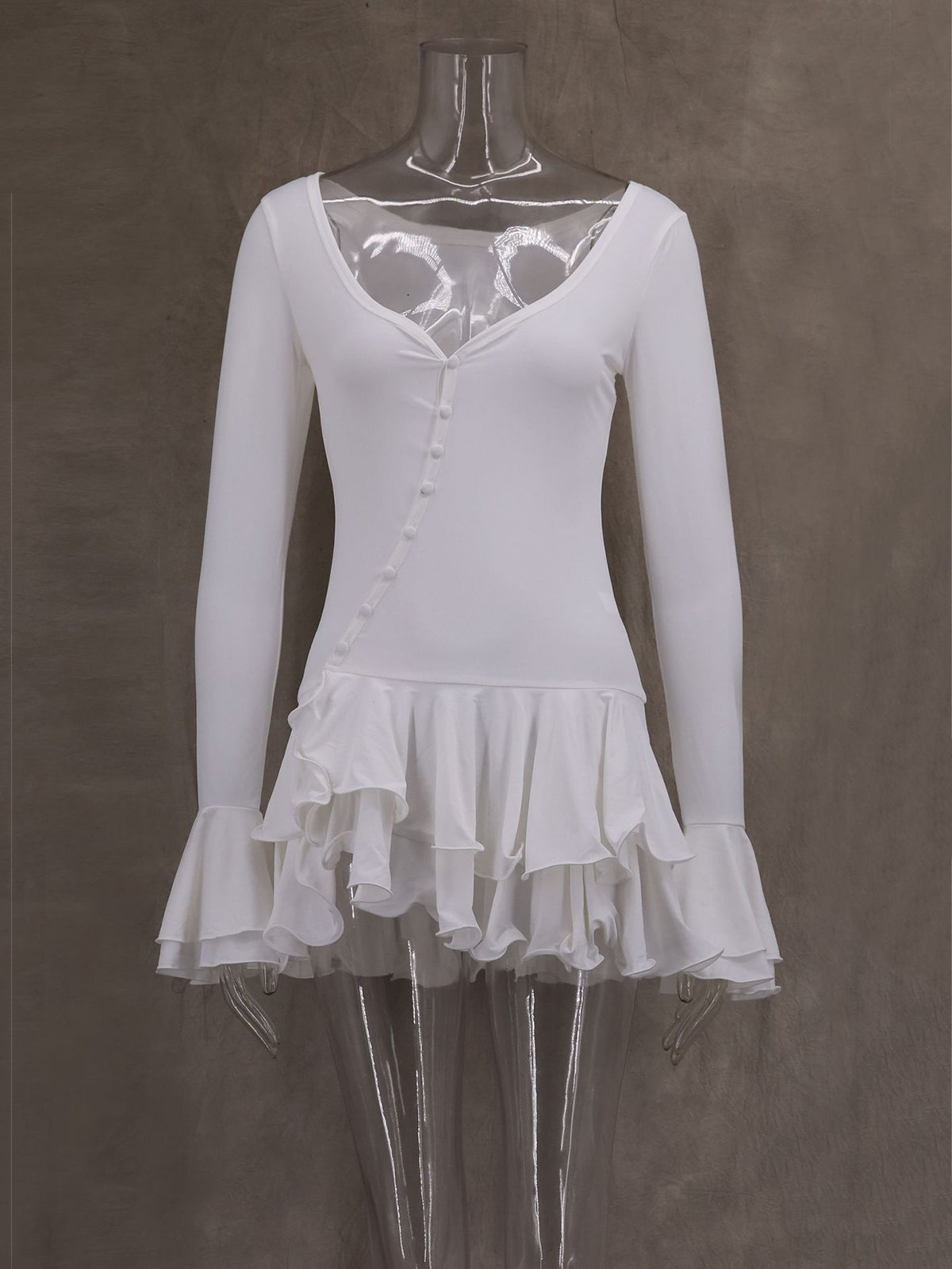 Fashion Button Up Ruffle Hem Slim Mini Dress