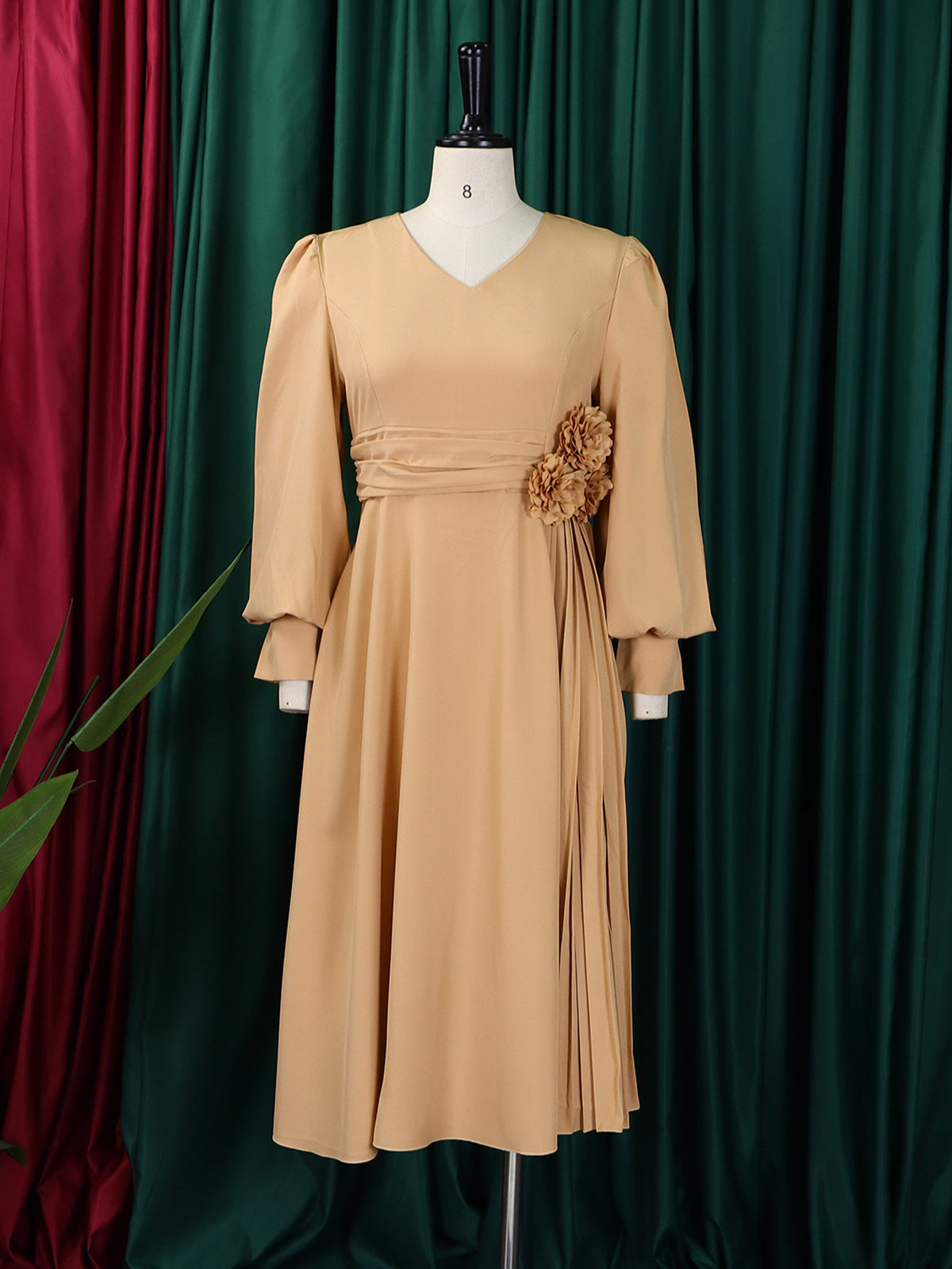 Elegant V-neck Puff Sleeve Slim A-line Dress
