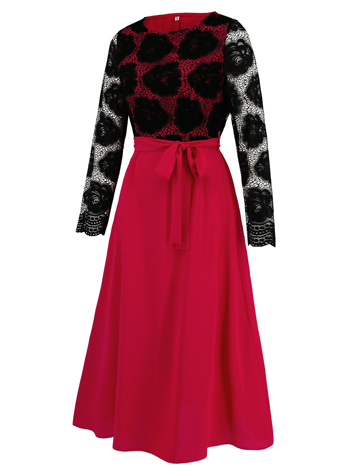 Rose Pattern Lace Long Sleeve Waist Cinch Midi Dress