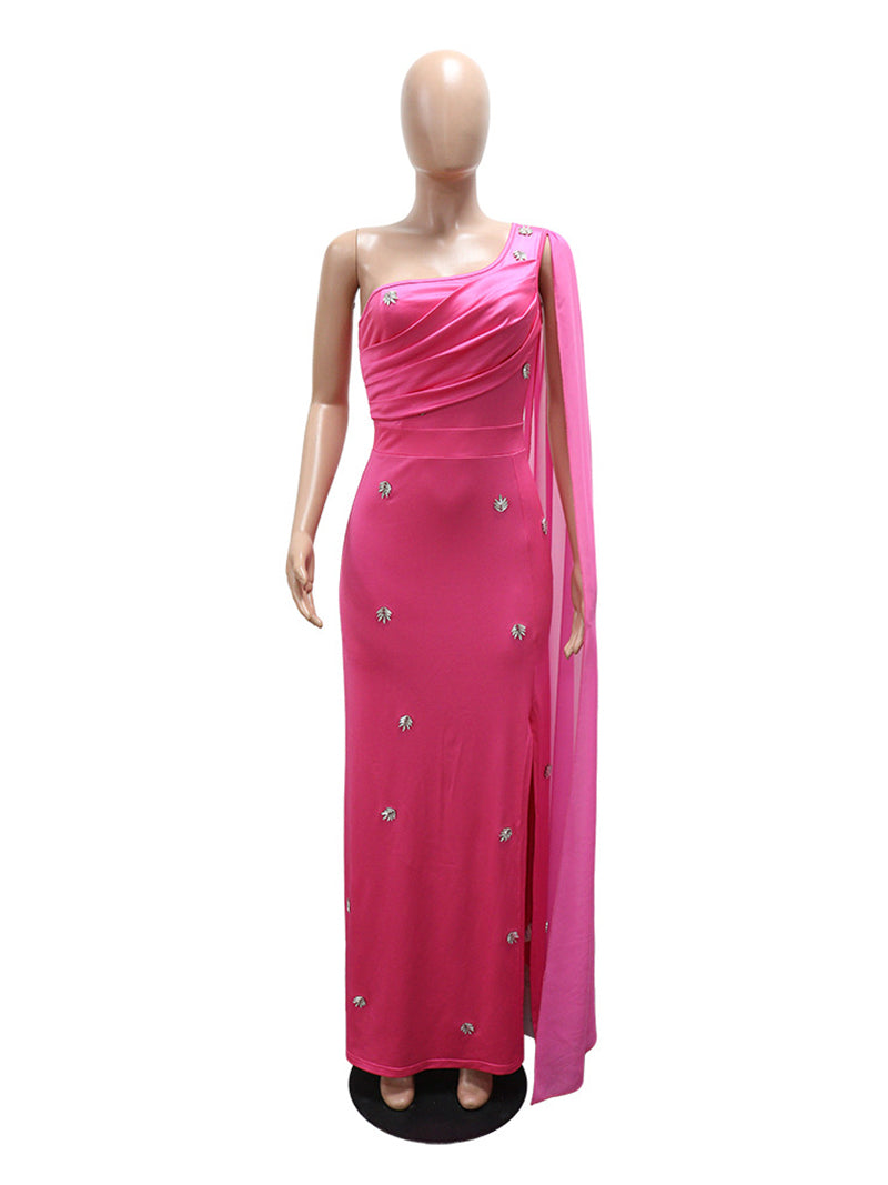 Fashion One Shoulder Cape Rhinestone Embellished Maxi Dress