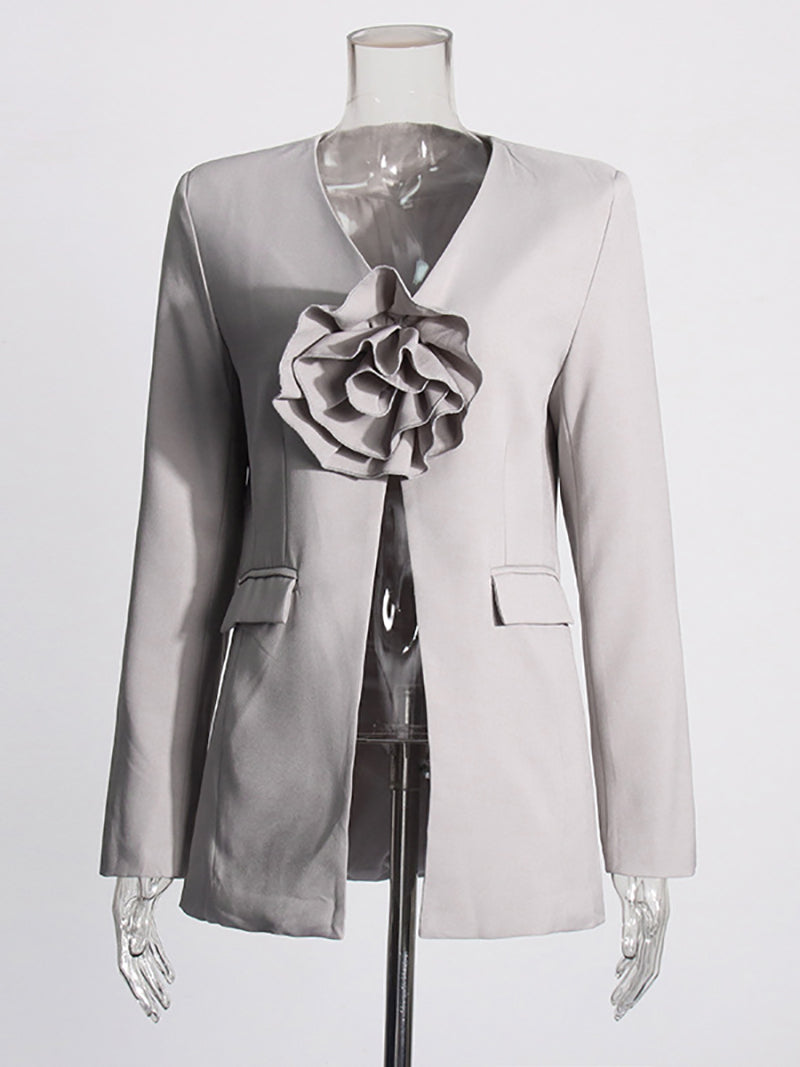 Elegant V Neck Flower Applique Blazer