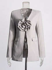 Elegant V Neck Flower Applique Blazer