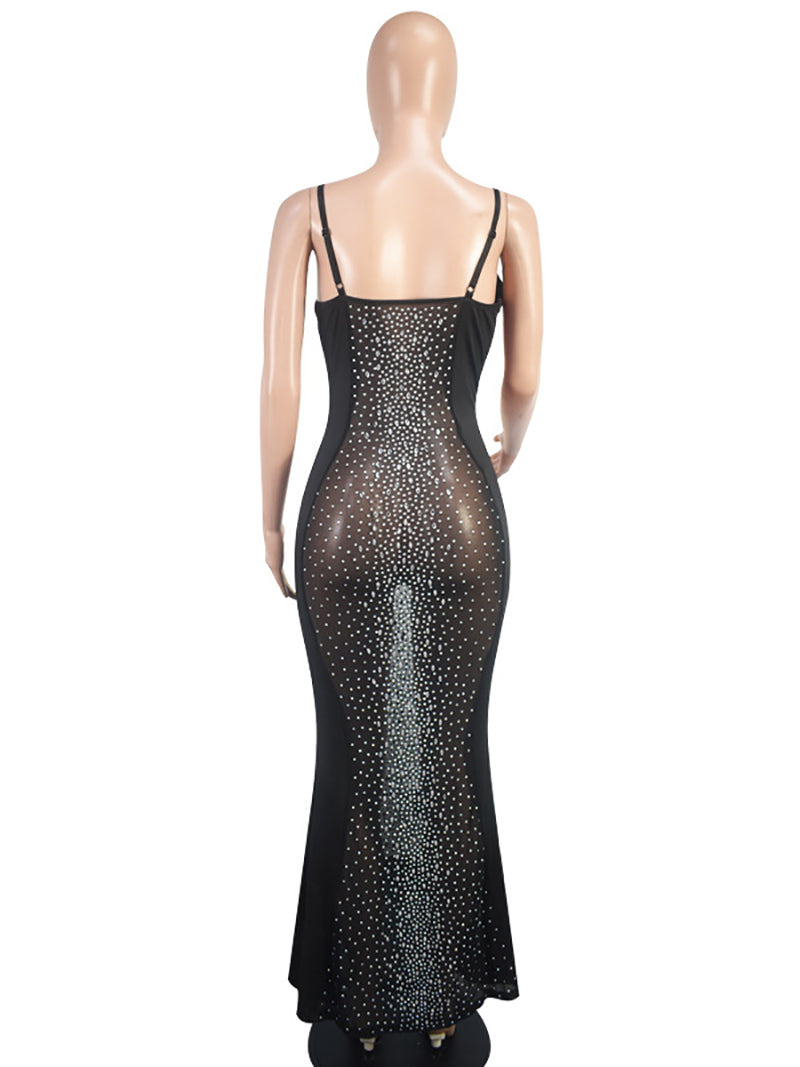 See through Halter Rhinestone Maxi Dress