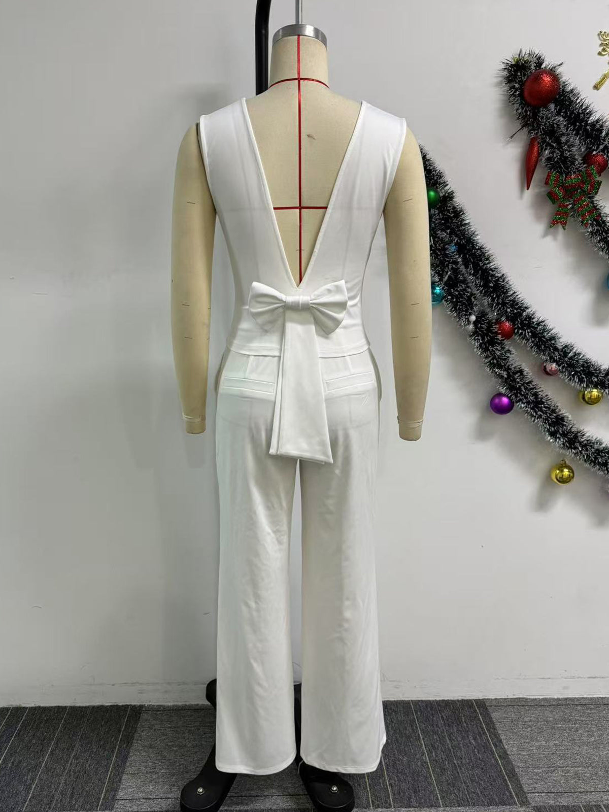 Casual V-neck Backless Bow Decor Top Straight Pants Set
