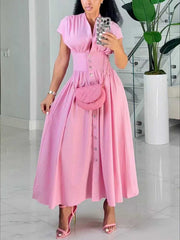 V Neck Button Waist Midi Dress