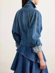Loose Denim Shirt Asymmetric Ruffle Tiered Skirt Sets