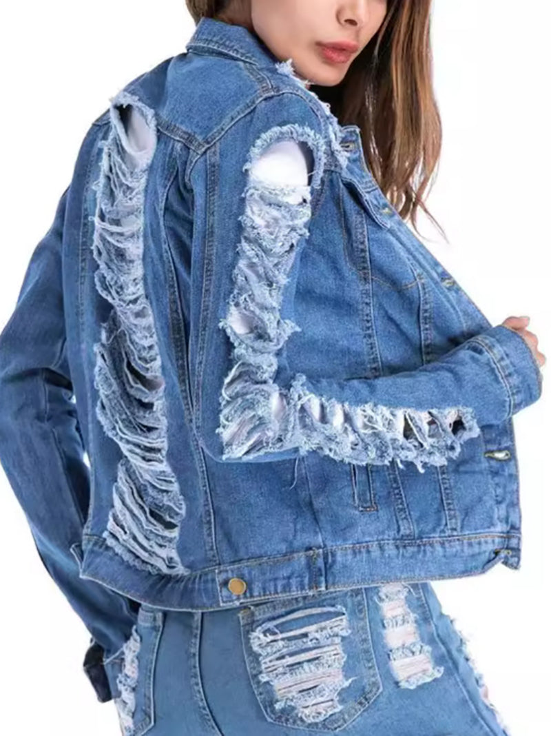 Casual Long Sleeve Ripped Denim Jacket