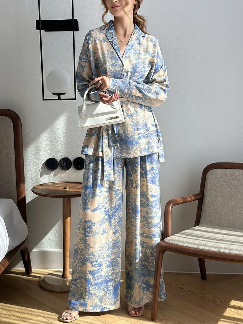 Casual Lace up Shirt Wide-leg Pants Suit