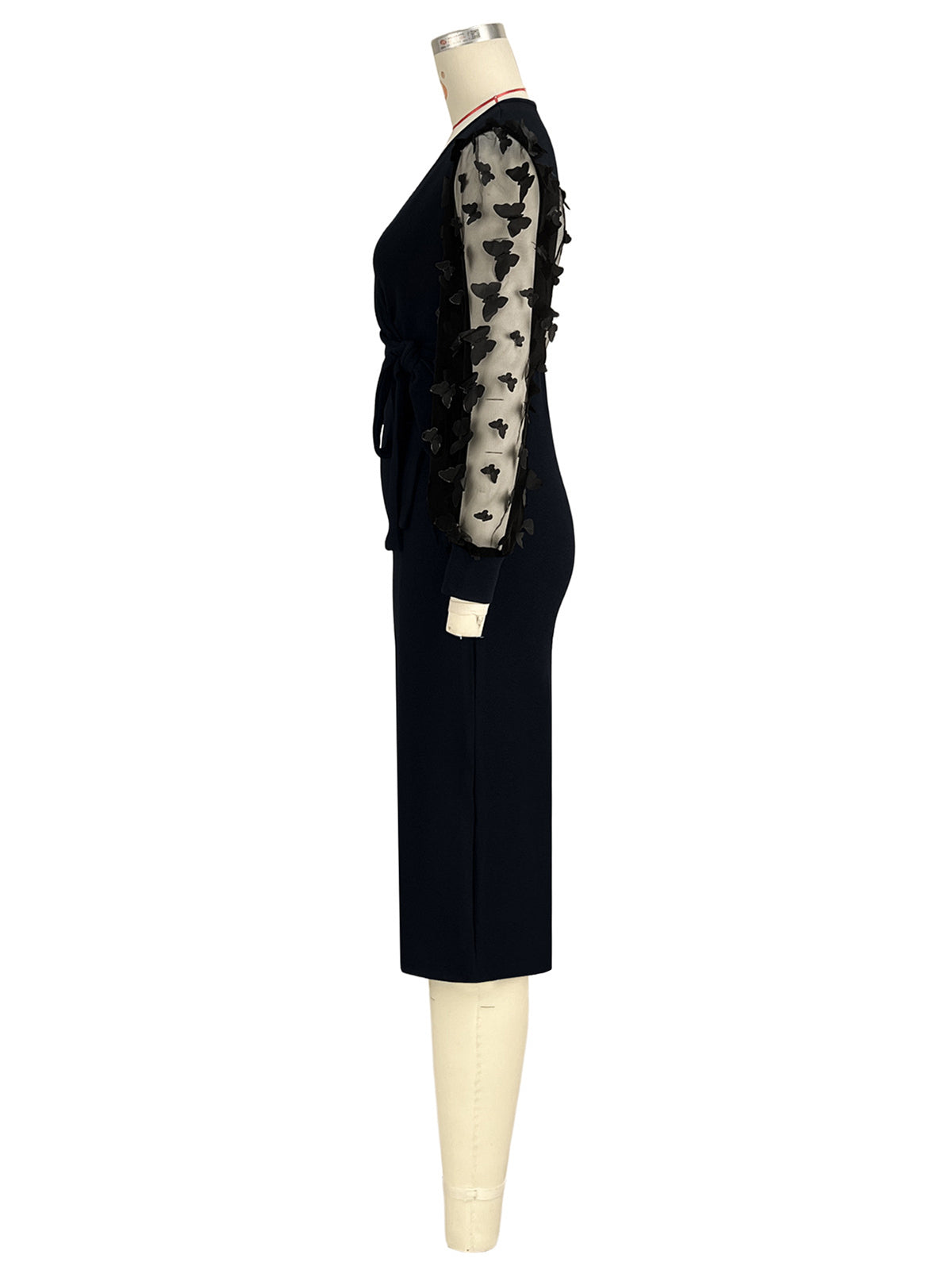 Elegant Butterfly Mesh Sleeve Tie Up V-Neck Dress