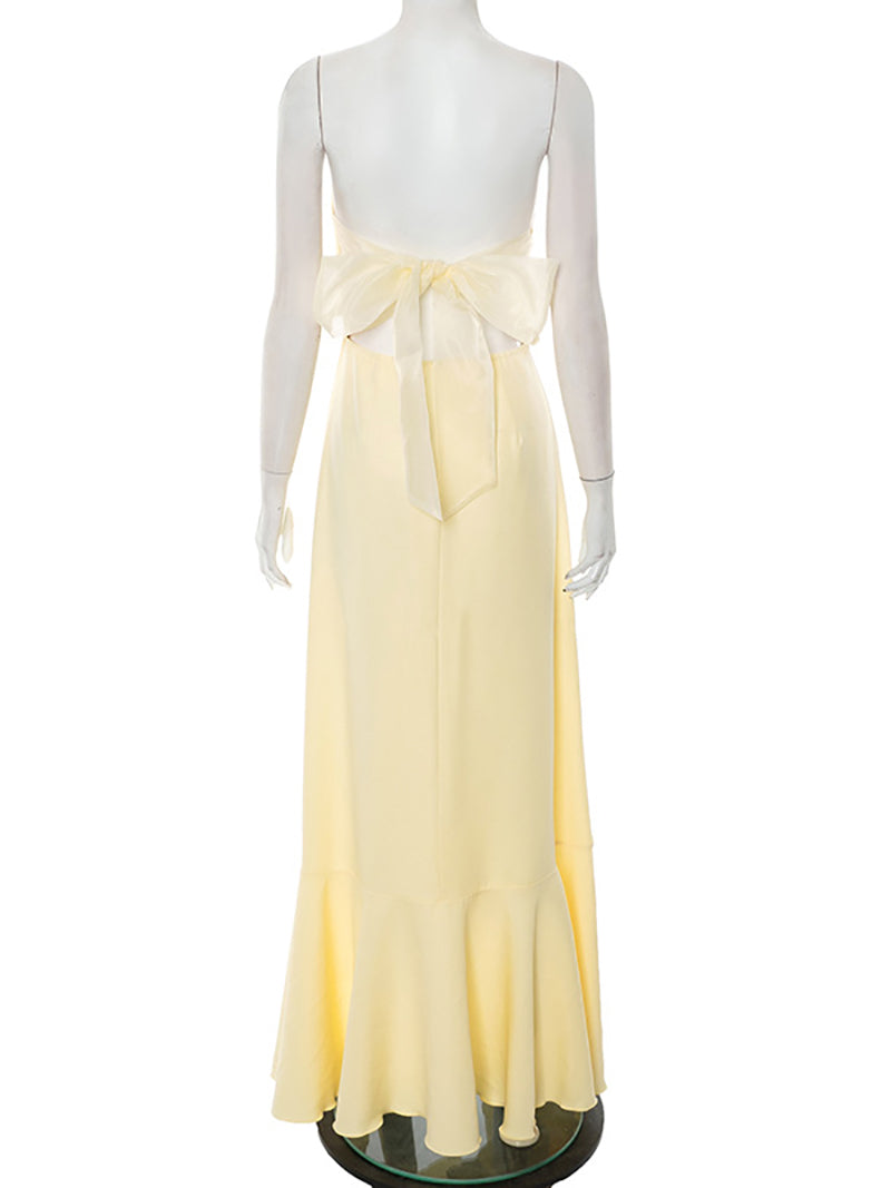 Sexy Strapless Backless Bow Hem Ruffle Maxi Dress