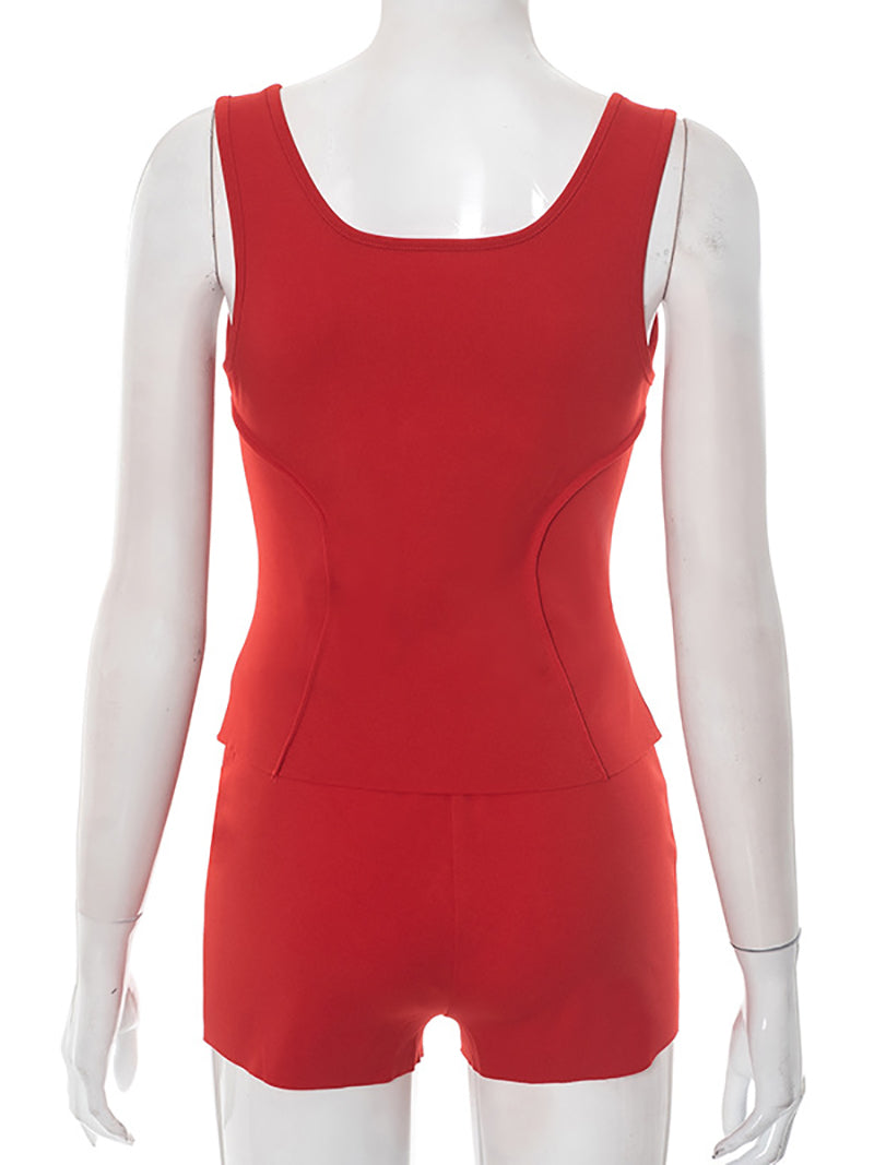 Sexy Sleeveless Zipper Vest Tight Shorts Sports Set