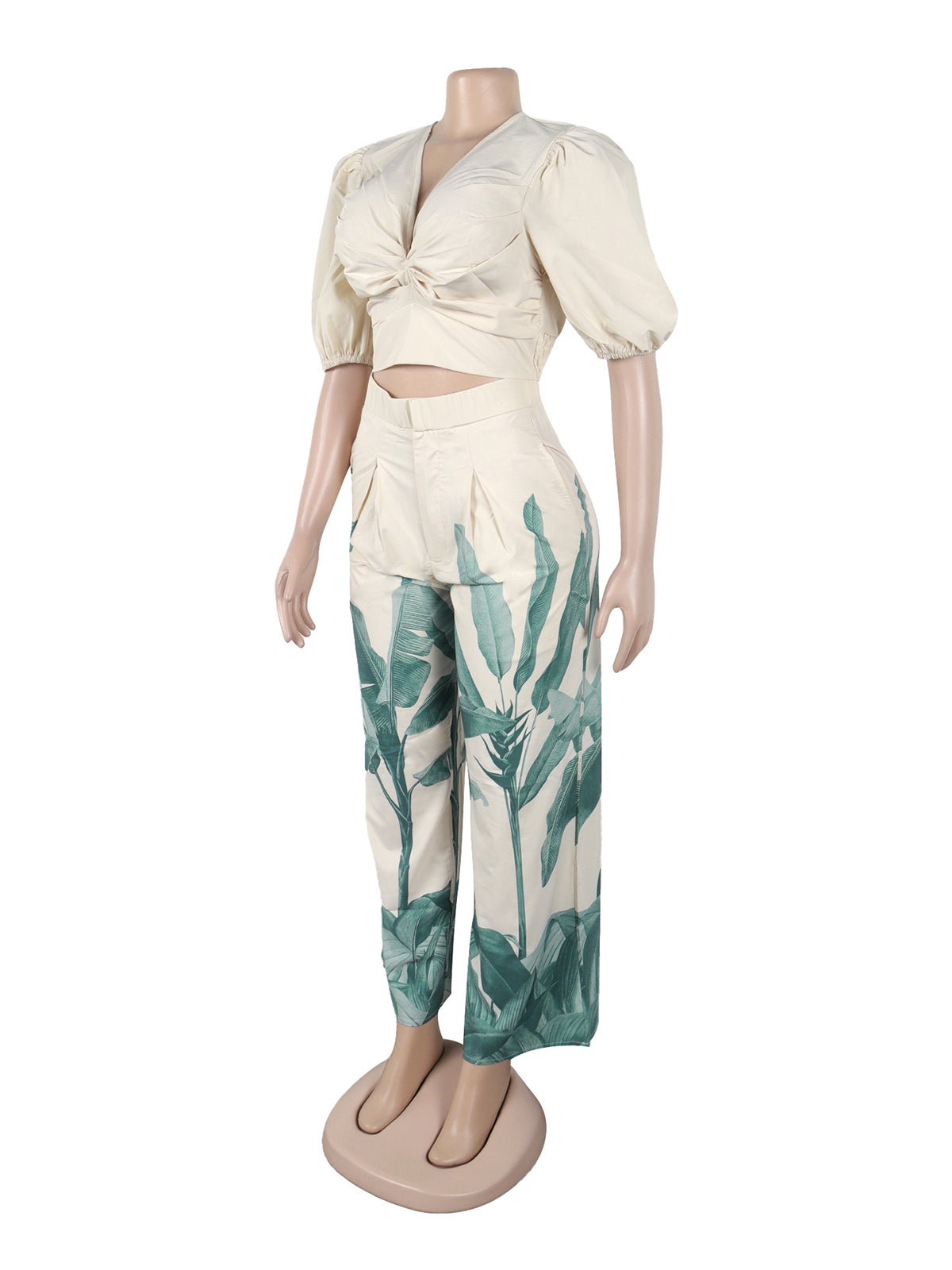 V Neck Print Ruched Tops Wide Leg Pants Two Pieces Set