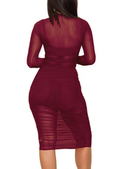 Sexy Sheer Mesh Ruched Bodycon Dress 3 Piece Sets