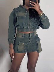 Multi Pocket Denim Hoodie Cargo Skirt Sets