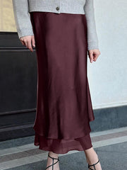 Mesh Patchwork Double-deck Design Satin Long Skirt